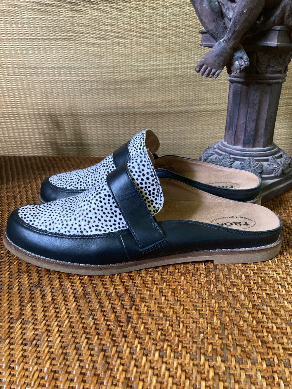 Taos Size 9 Royal leather black white cheetah print slip on mules